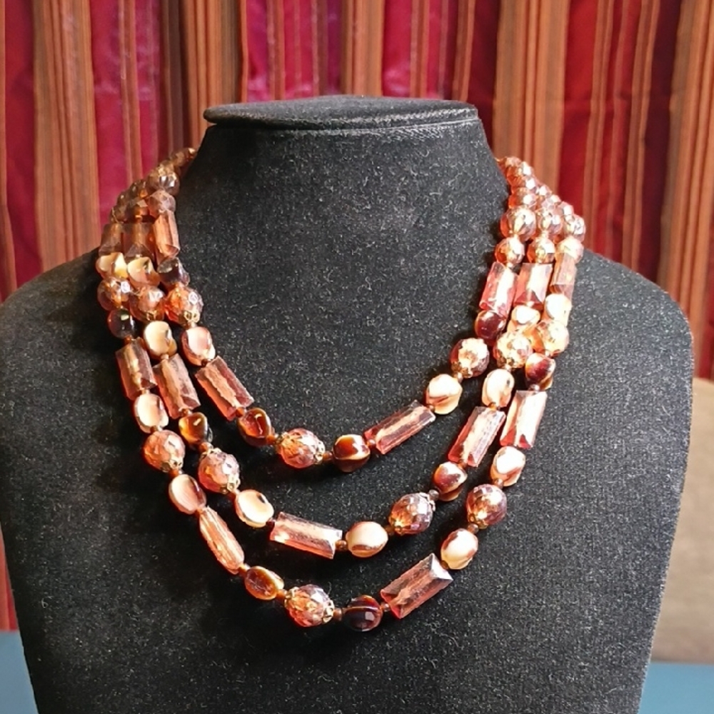 Vintage Amber and Gold Beaded Multi-Strand Necklace Western Germany